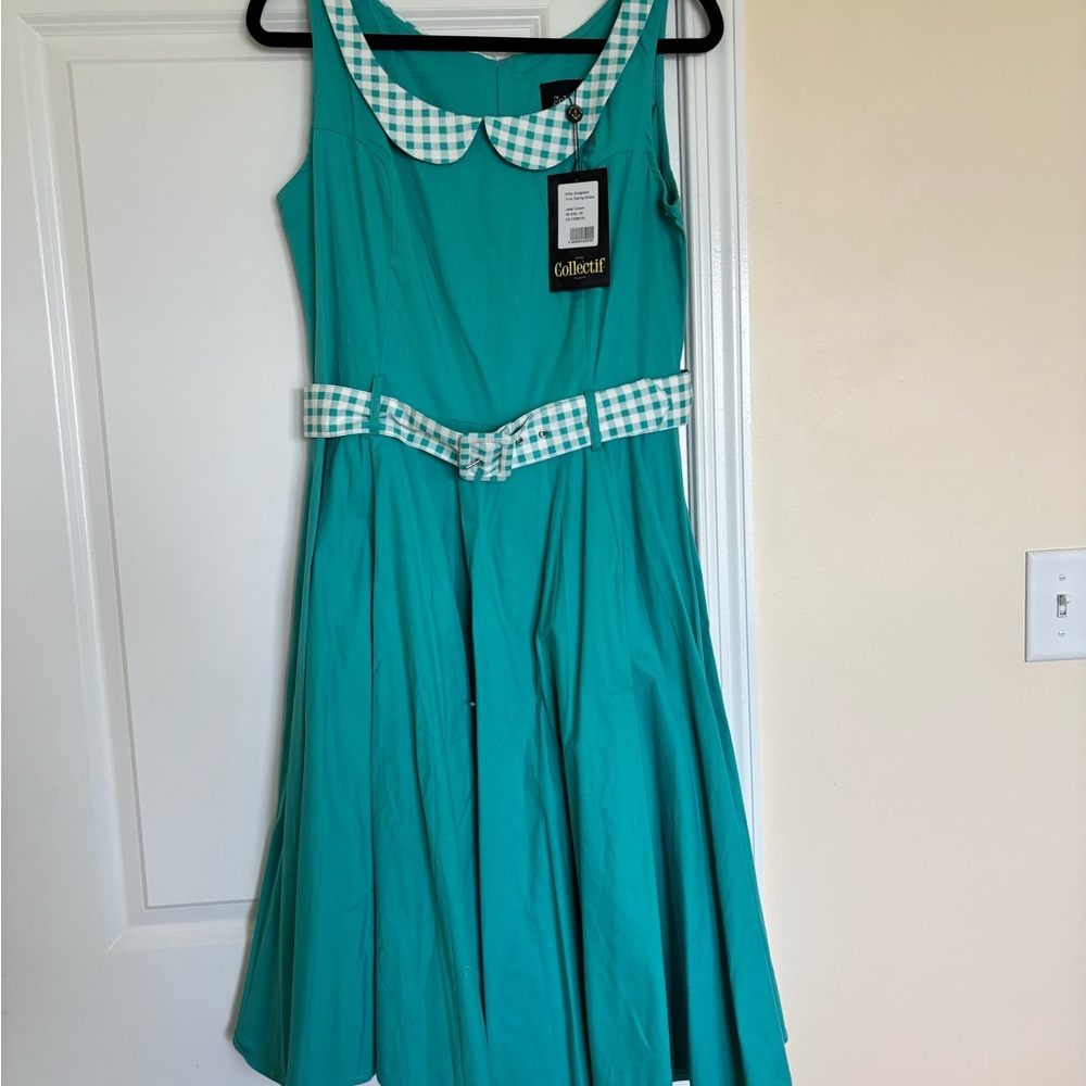 Collectif Blue A-Line Midi Dress with Peter Pan Collar
